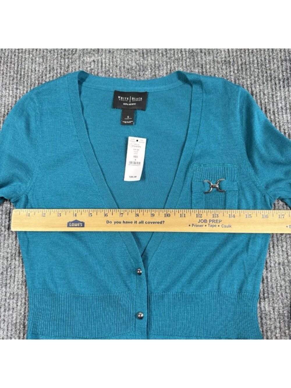 White House Black Market Cardigan Size Small Blue Merino Wool Snap Horse Bit NEW - Picture 7 of 9